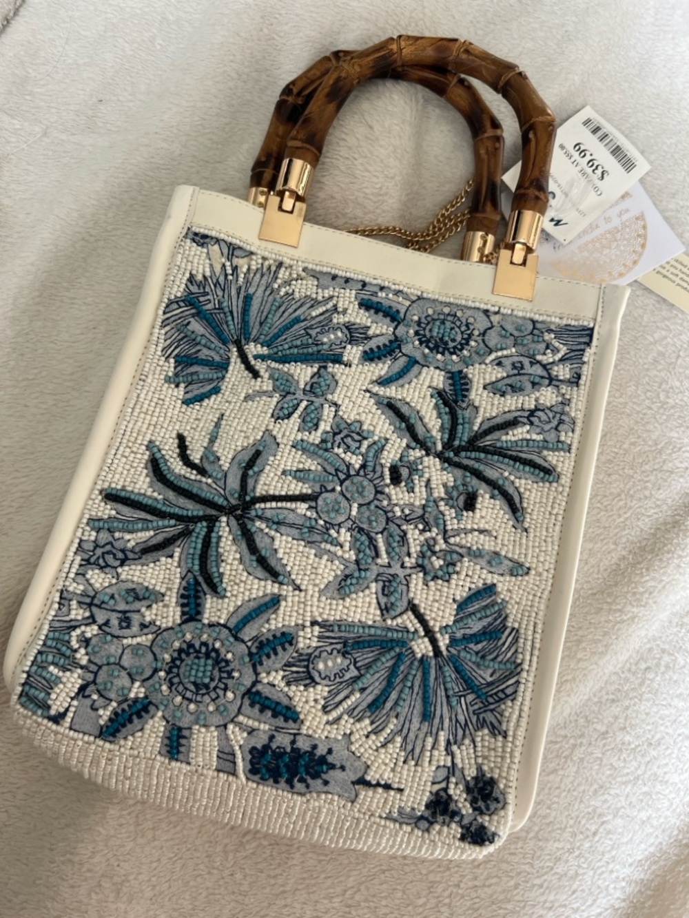 Embroidered Beaded Top-Handle Tote in Ivory and Blue - Picture 2 of 9